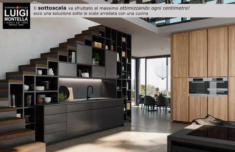 Il sottoscala va sfruttato al massimo ottimizzando ogni centimetro! Ecco una soluzione sotto le scale arredata con una cucina. #arredamento #sottoscala #cucina #arredo #luigimontella #ponticelli #napoli Kitchen Under Stairs, Kitchens Modern, Staircase Design Modern, Stairs Design Interior, Modern Home Bar, Tv Room Design, Dinning Room Design, Entrance Door Design, Home Design Floor Plans