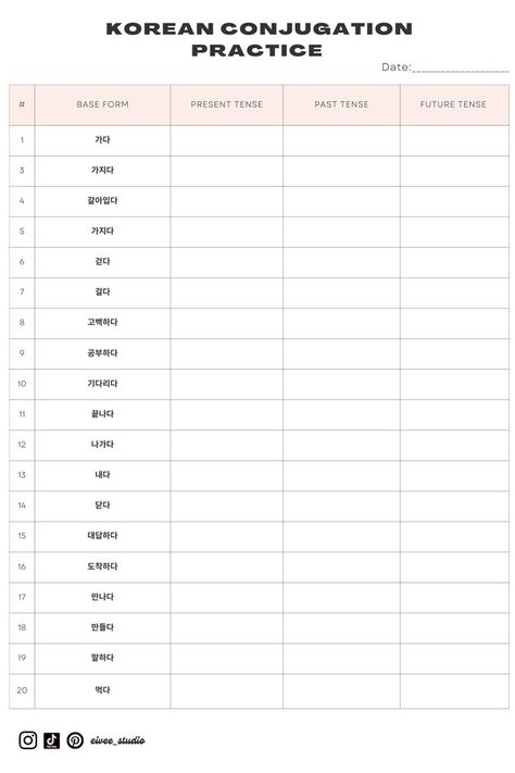 Korean Practice, Korean Verbs, Korean Study, Learn Basic Korean, Verb Conjugation, Future Tense, Korean Writing, Korea Language, Korean Words Learning