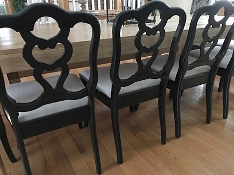 Black Distressed Furniture, Painted Chairs Dining Room, Black Sideboard Buffet, Recovering Chairs, Black Buffet, Furniture Painting Tips, Black Dining Room Chairs, Floor Protectors For Chairs, Black Dressers