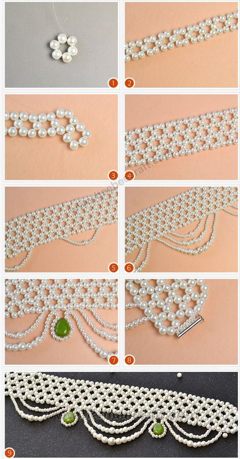 How To Make Beaded Chokers, Necklace Patterns Beads, Pearl Jewelry Tutorial, Bead Choker Diy, Pearl Collar Necklace, Beaded Jewelry Tutorials Necklaces, Beaded Necklace Patterns Tutorials, Beading Techniques How To Make, Beaded Bracelet Patterns Tutorials