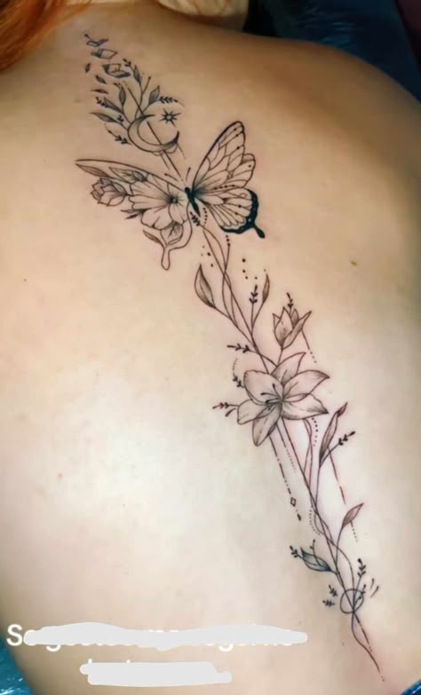 Spine Flower Tattoo, Butterfly Spine Tattoo, Pretty Flower Tattoos, Spinal Tattoo, Small Tattoos For Women, Tattoos Quotes, Forearm Sleeve Tattoos, Spine Tattoos For Women, Lace Tattoo