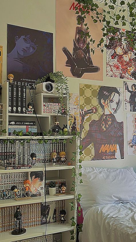 Shelf And Poster Wall, Manga Wall Decor Ideas, Anime Room Makeover Ideas, Manga Posters Room Decor, Room Decor Anime Aesthetic, Aesthetic Room Anime Decor, Manga Wall Bedroom Aesthetic, Anime Wall Inspiration, Ikea Bedroom Shelves