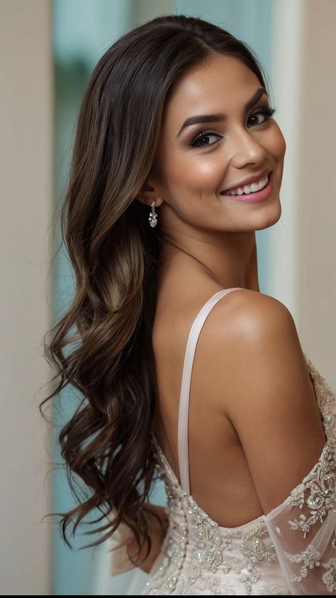 Looking for bridesmaid hair inspo Check out these gorgeous styles for long simple and elegant hairstyles From side part to half up half down updos medium length down short ponytail braid and bun ideas these looks are perfect for brunettes at weddings with bangs or curly hair Homecoming Hairstyles Side Part, Front View Hairstyles, Side Curls Wedding Hair, Curled Hair Side Part, Easy Elegant Hairstyles For Medium Hair, Bridal Hair Down Middle Part, Simple And Elegant Hairstyles, Bridesmaid Hairstyles Down, Hairdo Simple