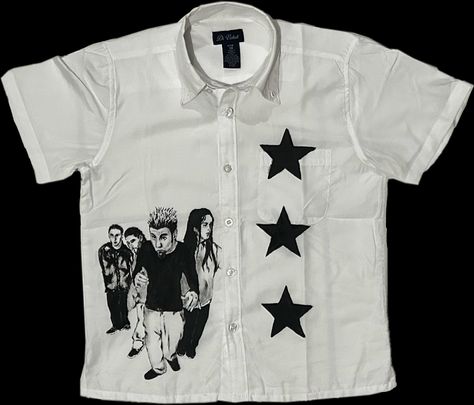 Star Button Up Shirt, Painted White Button Up Shirt, Diy White Shirt Ideas, Things To Draw On A Shirt, Alt Button Up Shirt Outfit, Grunge Button Up, Interesting Shirt Designs, Diy Button Down Shirt Ideas, Diy Band Shirt Ideas