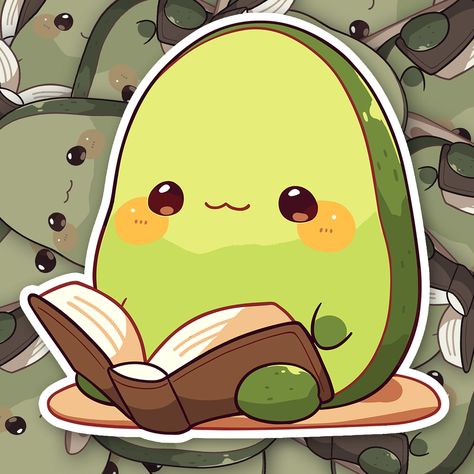 Cute Reading Avocado Sticker - Turbo Vinyl Avocado Sticker, Kawaii Avocado, Avocado Cartoon, Reading Cartoon, Yoda Sticker, Star Wars Cartoon, Green Cartoon, Whimsical Art Paintings, Fruit Cartoon