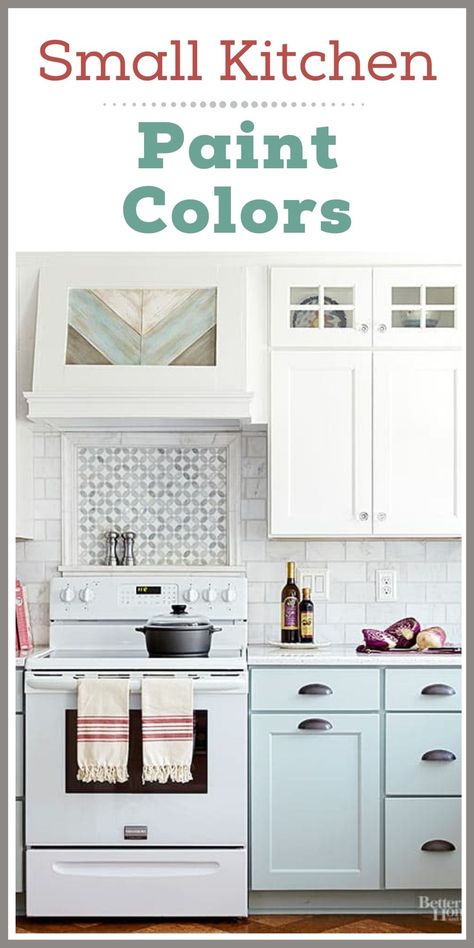 Give your small kitchen big style with these paint colors for small kitchens - ideas and inspiration for your dream kitchen! Craftsman Kitchen Colors Schemes, Kitchen Wall And Cabinet Color Schemes, Make Kitchen Look Bigger, Small Kitchen Colors, Farmhouse Kitchen Colors, Kitchen Colour Combination, Best Kitchen Colors, Kitchen Big, Paint For Kitchen Walls