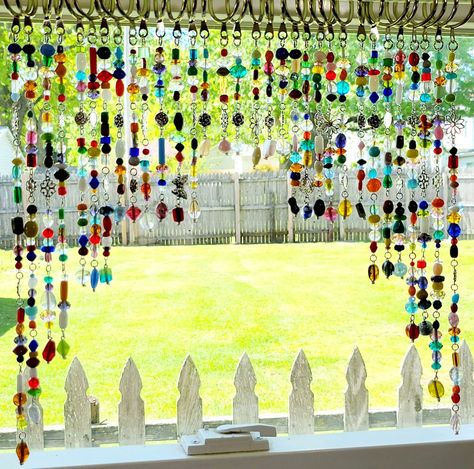 Glass Beaded Valance, Boho Beaded Curtains, Sun Catcher Window Art, Gypsy Beaded Valance - Etsy Beaded Valance, Rag Curtains, Purse Charms Diy, Beaded Door Curtains, Sun Catcher Window, Glass Bead Crafts, Crystal Curtains, Bohemian Curtains, Gold Color Ring