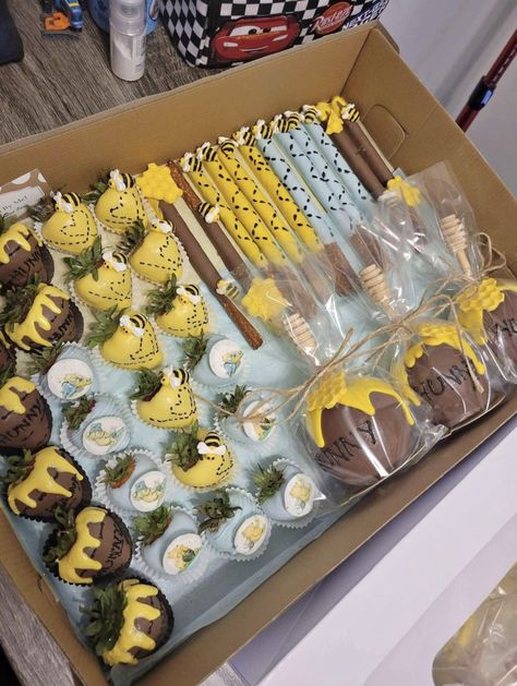 What Will It Bee Gender Reveal Treats, Winnie The Pooh Baked Goods, Winnie The Pooh Themed Charcuterie Board, Winnie The Pooh Pretzel Sticks, Rice Krispie Treats Winnie The Pooh, Party Favors Baby Shower Ideas, Bumble Bee Treats Ideas, Winnie Pooh Dessert Table, Winnie The Pooh Donut Tower