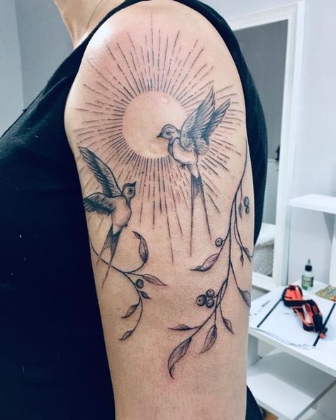 Bird And Sun Tattoo, Magical Tatoos, Icarus Moodboard, Song Bird Tattoo, Barn Swallow Tattoo, Swallow Tattoo Meaning, Swallow Bird Tattoo, Songbird Tattoo, Bird Shoulder Tattoos