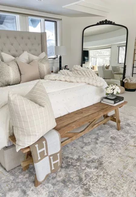 Master Bed With Bench, How To Style A Bench In Bedroom, End Of Bed Decor Ideas, What To Put At The End Of A Bed, Bedroom Bench Decor Ideas, Bench For End Of Bed Master Bedrooms, Blanket At End Of Bed, Bench At End Of Bed Bedroom Ideas, Bench In Front Of Bed Ideas