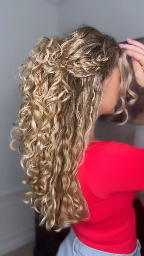 Candace Stuller | Half Up Hairstyle with Braids ⁣ ⁣ Save to try later!⁣ ⁣ #hairblogger #hairtutorial #curls #curlyhairstyles | Instagram Ideas For Hairstyles For Wedding, Hair Styles Curls And Braids, Ball Hairstyles For Curly Hair, Wedding Curly Hairstyles Half Up, Wedding Hair Down Natural Curls, Homecoming Hairstyles For Long Curly Hair, Curly Updo Half Up Half Down, Long Curly Hair Updos Half Up, Country Hairstyles Curly Hair