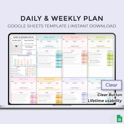 Daily & Weekly Plan + Clear Button! The perfect solution to keep your weekly routine in check! Specially designed for effective daily and weekly planning. 📆 Features: Option to set the start day of the week with the calendar. Track your daily habits and goals. Manage 16 tasks per day, prioritizing as needed. 📈 Progress Tracking: Completed, pending, and total task counts update automatically. Observe your performance with a weekly task progress column chart. 🔄 Clear Button and Flexible Start D Excel Templates Free, Google Sheets Templates, Budget Template Free, Week Schedule, Daily Checklist, Budget Spreadsheet, Weekly Planning, Excel Templates, Budget Planning