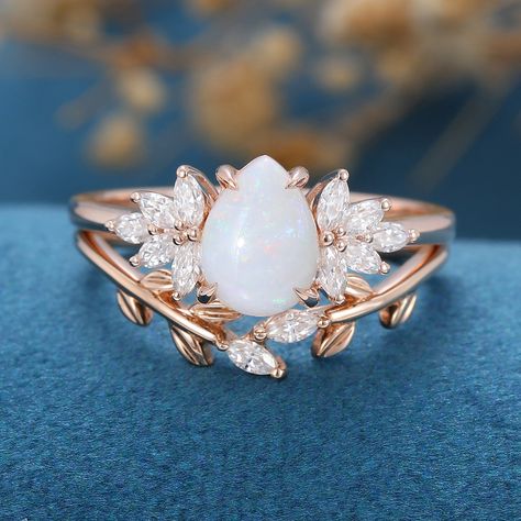 Pear cut Opal  Cluster Engagement ring Bridal Set Opal And Diamond Wedding Ring, Opal Cluster Ring, Gold Opal Engagement Ring, Opal Wedding Ring Set, Opal Engagement Ring Rose Gold, Opal Engagement Ring Set, Opal Ring Vintage, Rings Opal, Pretty Engagement Rings