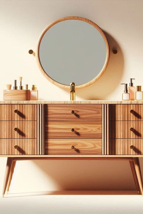 Channel the 60s with this mid-century modern vanity. Tapered legs and clean lines create a timeless look. #MidCenturyModern #RetroVanity Mid Century Hair Salon, Retro Vanity, Mid Century Modern Vanity, Retro Revival, Vanity Ideas, Modern Vanity, The 60s, Midcentury Modern, Tapered Legs