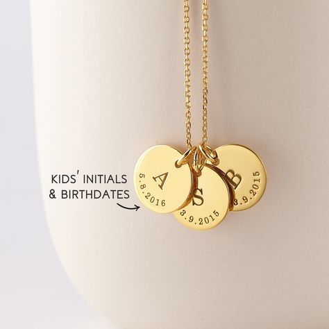 "This beautiful charm necklace for moms is personalized with your kids' initial & birthdays! An initial necklace for mom is the perfect gift for Mother's Day and Select from 1-3 charms. ► MOTHER AND CHILD NECKLACE * Material: High Quality Solid 925 Sterling Silver  * Finishing: Silver, Gold or Rose Gold.  * All of our jewelry are handmade from scratch and packaged with care in our workshop. ► HOW TO ORDER & ADD PERSONALIZATION - Add item to cart and check out. During check-out, include in the \" 1st Mom Gifts, Mother Jewelry Personalized, Birth Jewelry Mom, Mom Necklace Kids Initials, Mom Jewelry Children, Kids Name Jewelry, Kids Initial Necklace, Mothers Day Jewelry Gifts, Mom Necklace Kids Names