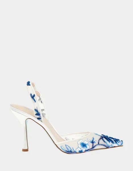 Elevate your attire with Betsey Johnson's PATCH pointed-toe heels! This shoe boasts a whimsical touch with its distinctive white mesh adorned with a charming blue floral print. #betseyjohnson #AD Floral Heels, Blue Heels, Blue Floral Print, Pointed Toe Heels, Blue Jewelry, White Mesh, 5 Inch Heels, Dream Shoes, Slipper Boots