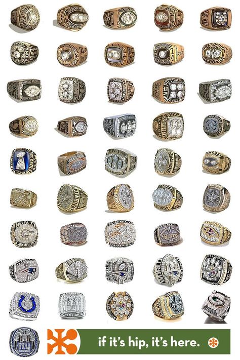 All The NFL Championship Rings (Super Bowl Rings) from 1966 to 2012. Nfl Championship Rings, Football Rings, Pinkie Ring, Super Bowl Rings, Nfl Championships, Nfl Teams Logos, Championship Rings, Fantasy Football, Bling Rings