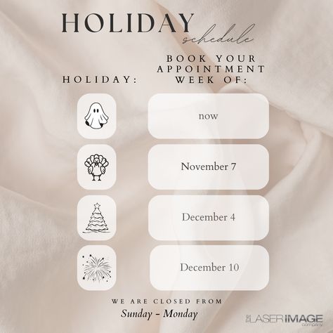 'Tis the season to prebook for the holidays 🎉 for the best results, book 2-3 weeks before your festivities. So here's a timeline of when you should schedule your holiday treatments to look your best for every event or family gathering 🤩 call (310) 543-9073 📲 or book online! We look forward to seeing you soon, and Happy Holidays. 💛 

#thelaserimagecompany #holidays #redondobeach #medspa #premiermedspa #losangelesmedspa #botox #jeuveau #dysport #injectables #wrinklerelaxers #dermalfillers B12 Injections, Instagram Branding Design, Holiday Schedule, 4 December, Instagram Branding, Redondo Beach, Medical Spa, Looking Forward To Seeing You, Dermal Fillers