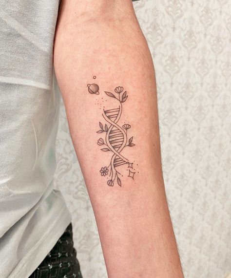 Simple Chemistry Tattoo, Stem Cell Donor Tattoo, Snake Dna Tattoo, Fine Line Science Tattoo, Dna Molecule Tattoo, Dna Minimalist Tattoo, Minimalist Tattoo Medicine, Flower Dna Tattoo, Fine Line Dna Tattoo