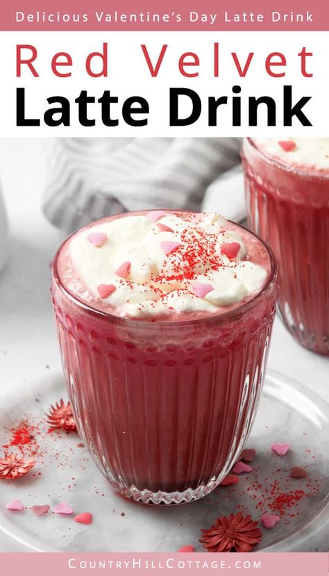 See how easy it is to create red velvet coffee at home! If you like red velvet cake, you are going to love this red velvet latte recipe that combines coffee, cocoa, beet juice, and milk to make a delicious Valentine’s drink. Includes variations for pink velvet latte (Dunkin-inspired), vegan Valentine’s latte, hot and iced. This red velvet coffee is sure to become your favorite Valentine’s Day drink. No to mention, the recipe only takes only 10 minutes to whip up! | CountryHillCottage.com Red Velvet Coffee, Red Velvet Latte, Instant Coffee Recipes, Valentine Drinks, Coffee Latte Art, Coffee Valentines, Coffee At Home, Birthday Coffee, Beet Juice