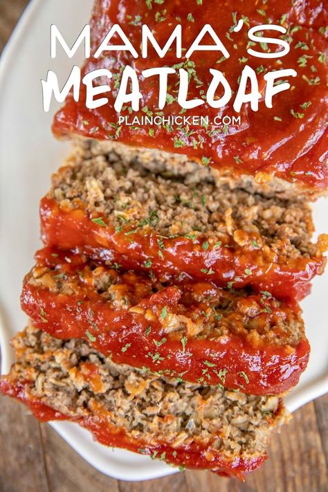 Mama's Meatloaf - the BEST meatloaf recipe! Even meatloaf haters will LOVE Mama's Meatloaf! SO easy and tastes great! Ground beef, egg, oats, onion, salt, pepper, sage, Worcestershire sauce, and milk. Top with a mixture of ketchup, brown sugar, dry mustard, and lemon juice. Use gluten-free oats and Worcestershire sauce if desired. Serve with mashed potatoes and green beans and it is comfort food at its best! Small Meatloaf, Meatloaf With Oats, Egg Oats, Easy Bread Crumbs, Meatloaf Oatmeal Recipe, Quick Meatloaf Recipes, Meatloaf With Oatmeal, Mashed Potatoes And Green Beans, The Best Meatloaf Recipe