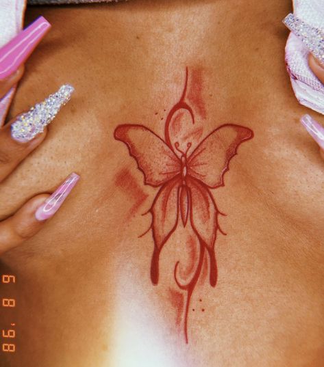 Pelvic Tattoos Women Ideas Small, Center Of Chest Tattoo Female, Tattoo On Breast Women, Tattoos For Underboob, Under Thigh Tattoos Women, Tattoo Ideas Female Breast, Bgc Tattoo, Chest Tats For Women, Tattoo Inbetween Breast