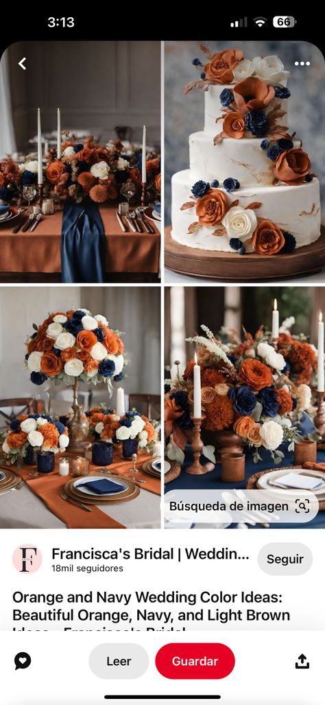 Blue Orange Weddings, Blue Fall Wedding, Orange Wedding Decorations, Navy Blue Wedding Theme, Navy Wedding Colors, Bronze Wedding, Earthy Wedding, Blue Themed Wedding, Wedding Colors Blue