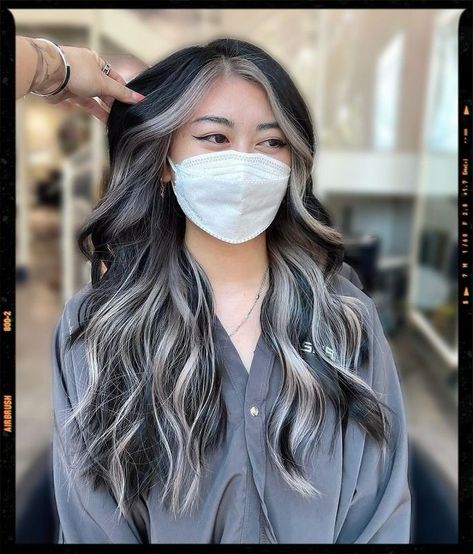 Black And Silver Peak A Boo Hair, Peek Through Hair Color, Dark Brown Hair With Grey Underneath, Silver Balayage With Money Piece, Front Grey Highlights, Dark Brown White Highlights, Ash Grey Underneath Hair, Dark Hair With Grey Underneath, Hair Color Ideas For Black Hair Going Grey