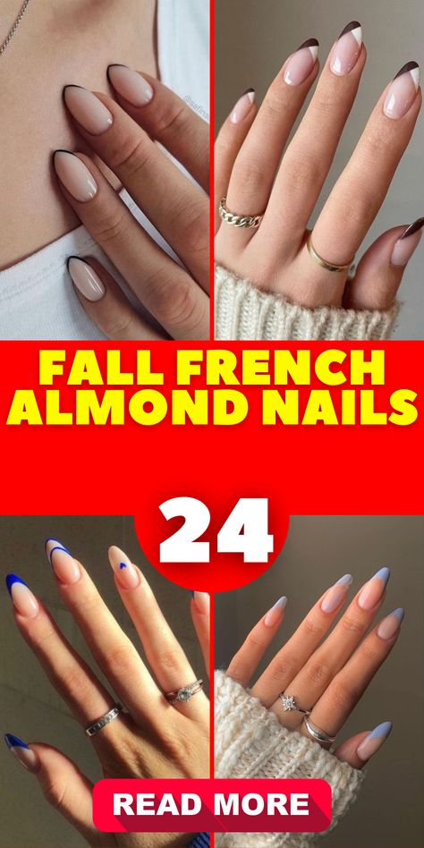 Welcome fall with open arms and stylish nails! Try our French almond nails in various designs, available in both short hot pink and long green variants.Revamp your nails for the new season with our French almond designs. Available in an array of colors such as classic white, hot pink, and green for your fall look. French Manicure Nails Almond Shape, Fall Transition Nails Almond, Swirled French Tip Nails, Fall Nails Almond Shape French, Almond French Color Tip Nails, Split Color French Tip Nails, Fun French Nails Almond, Fall Almond French Tip Nails, French Fall Nail Designs