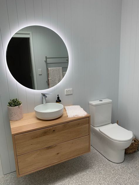 Coastal bathroom reno with VJ panelling Beach Shack Bathroom, Vj Panelling Bathroom, Vj Panelling, Spotted Gum Decking, Timber Feature Wall, Build A Frame, Roof Beam, Oak Trim, Bathroom Transformation