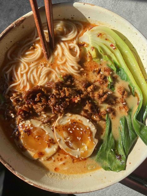 Easy Tantanmen Ramen Recipe | Verna Gao Wagamama Ramen Recipe, Easy Tantanmen Ramen, Spicy Sausage Ramen, Easy Shoyu Ramen, Jinya Ramen Recipe, Tantan Ramen Recipe, Ichiran Ramen Recipe, Ramen Soup Base Recipes, Gochujang Ramen Recipe