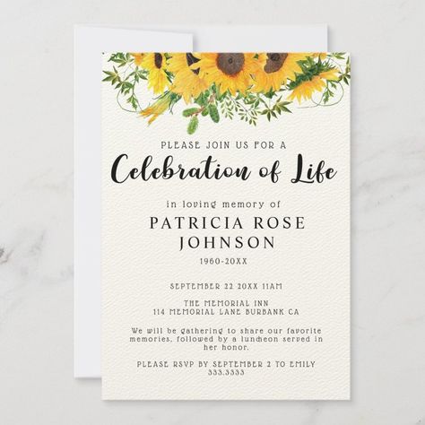 Sunflower Funeral Celebration of Life Announcement  Zazzle Celebration Of Life Announcement, Beautiful Sunflowers, Memorial Service, Photo Memories, Memorial Keepsakes, Christmas Card Holders, In Loving Memory, Wedding Pinterest, Celebration Of Life