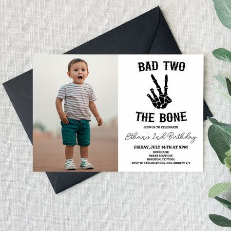 Bad Two The Bone Skeleton Photo 2Nd Birthday Party Invitation #zazzle #weddinginvitations #birthdayinvitations #babyshowerinvitations #zazzleinvitations #monogram #businesscards #graduation #homedecor Bad 2 The Bone Birthday Party Boy, Bad Two The Bone Birthday Party Boy, Bad Two The Bone Birthday Party, Bad Two The Bone, Skeleton Photo, 98th Birthday, Baby Birthday Themes, Second Birthday Ideas, Birthday Party Design