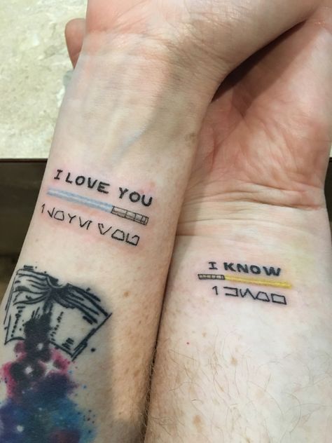 Star Wars Couples tattoo Han And Leia Couple Tattoo, Matching Lightsaber Tattoos, Star Wars Tramp Stamp, R2d2 And Bb8 Tattoo, Star Wars Couple Tattoo Ideas, Star Wars Tattoo Small Quote, Matching Nerdy Couple Tattoos, I Love You I Know Tattoo Star Wars Couple Tat, Star Wars Wrist Tattoo