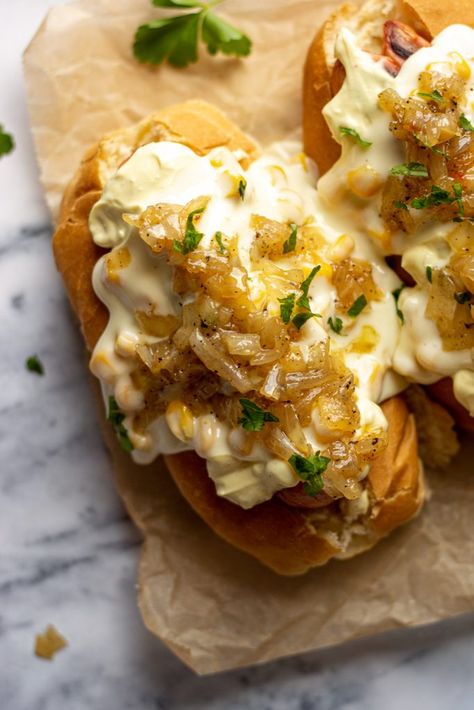 Cheese Hot Dogs with Caramelized Onions Recipe Loaded Hot Dogs Toppings, Easy Dinner Recipes With Hot Dogs, Gourmet Hotdogs Recipes, Hot Dogs For A Crowd, Gourmet Hot Dog Recipes, Hot Dog Gourmet, Loaded Hot Dogs, Hotdogs Recipes, Gourmet Hotdogs