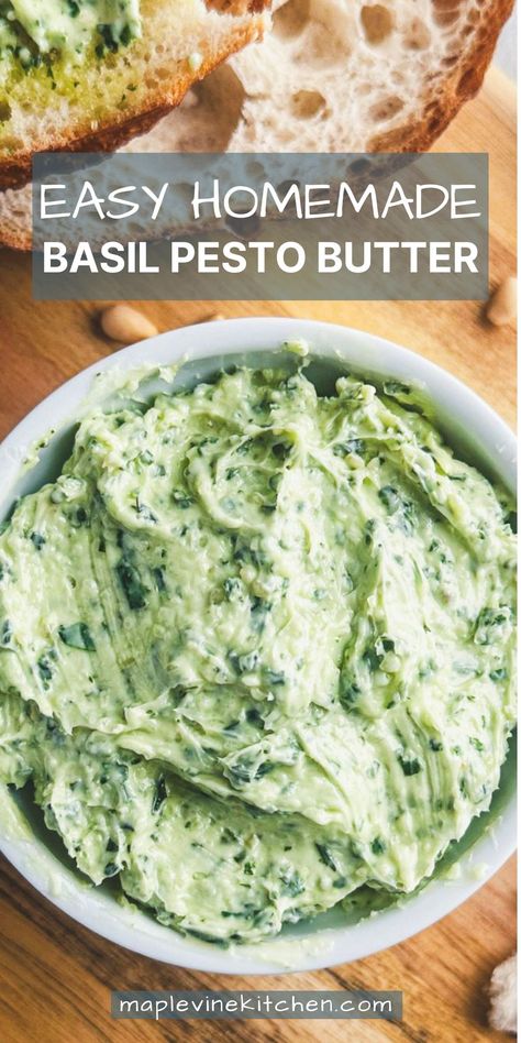 Looking for a quick, tasty and easy homemade basil pesto butter recipe? We've got a simple method and and an even easier shortcut method for making the most delicious pesto butter sauce you've ever tasted, perfect for topping crusty bread, buttery baked salmon, and yummy pasta dishes! Follow us for more simple seasonal recipes with a little bit of fancy! Pesto Butter Recipe, Basil Pesto Butter, Basil Butter Recipe, Pesto Butter, Homemade Basil Pesto, Pasta Toppings, Herb Butter Recipe, Homemade Dressings, Honey Mustard Recipes