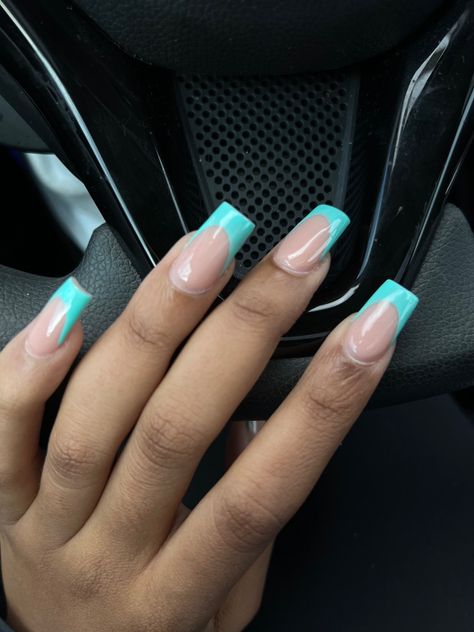 teal blue french tip nails, tapered square Teal Tip Acrylic Nails, French Teal Tip Nails, French Teal Nails, Teal French Tip Nail Designs, Aquamarine Nails Acrylic Short, Mint Blue French Tip Nails, Teal French Tip Nails Coffin, Nails Tourquise, Teal Nails Acrylic French Tips