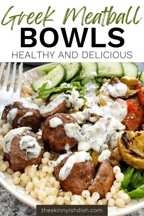 Beef And Couscous Recipe, Greek Ground Beef Recipes, Baked Greek Meatballs, Meal Prep Greek, Greek Bowl, Meatball Bowls, Skinnyish Dish, Mediterranean Diet Recipes Dinners, Meatball Dinner