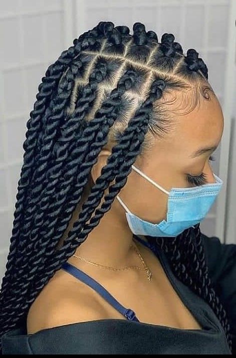 Learn how to do long twists on your own hair by visiting my channel. 😍😍 Twist With Cornrow Styles, Twists Hair Styles For Black Women, Twisted Box Braids Hairstyles, Cute Twist Braids Hairstyles, New Hair Braids Styles, Big Long Twist Braids, Twists Long Braids, Braids For Afro Hair, Styles Of Hair Braids