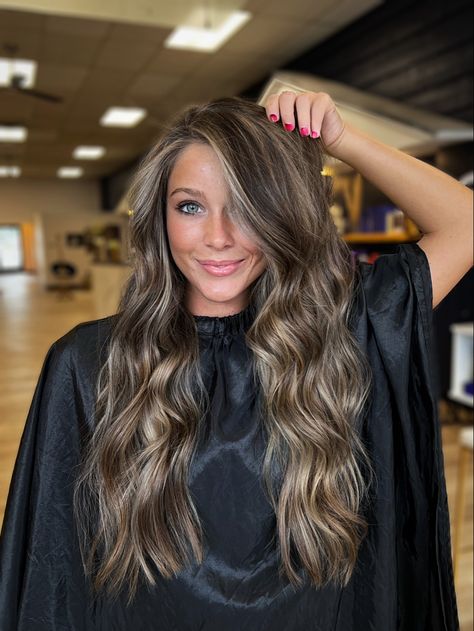 Dark Hair Color With Highlights Ideas, Ash Tone Hair Brown, Dark With Ashy Highlights, Partial Balayage For Light Brown Hair, Blonde To Dimensional Brunette, Dark Brown Eye Hair Color Ideas, Full Lowlights For Brunettes, Level 6 Brunette With Highlights, Brown With Deminsion