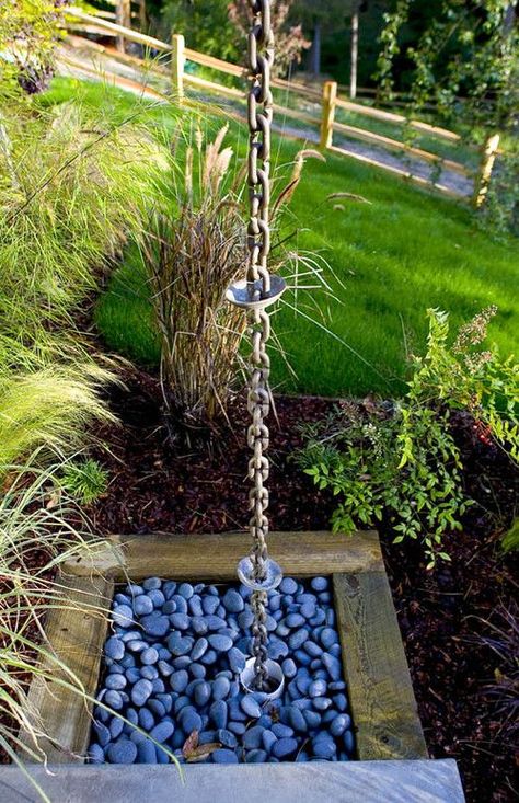 4 Top Creative Rain Chain Drainage Ideas Rain Chain Basin, Decorative Rain Barrels, Rain Chain Diy, Drainage Ideas, Gutter Drainage, Copper Rain Chains, Blue Rocks, Contemporary Exterior, Rain Chain