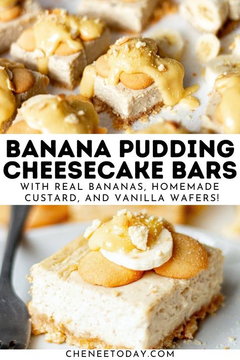 Banana pudding cheesecake bars recipe with vanilla wafer cookies but with no instant pudding! These banana pudding cheesecake squares with drizzle and cream cheeses filling are one of the best dessert recipes! #bananapudding #cheesecakebars #bananacheesecake #bananapuddingcheesecake #bananabars #bananadessert Banana Pudding Cheesecake Squares, Recipe For Banana Pudding, Banana Pudding Cheesecake Bars, Pudding Bar, Chess Squares, Vanilla Wafer Crust, Banana Pudding Desserts, Easy Banana Pudding, No Bake Banana Pudding