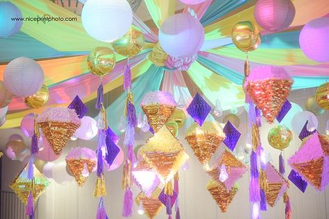 Nala’s Gorgeous Geometric Princess Themed Party – Ceiling Gems Theme Birthday Party, Crystal Themed Birthday Party Decoration, Gem Party Decorations, Gem Themed Party, Crystal Party Theme, Crystal Birthday Party Theme, Gem Birthday Party, She’s A Gem Party Theme, Doughnut Party