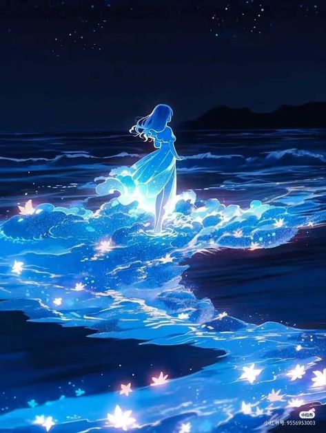 Glowing Water Art, Furina Wallpaper Landscape, Ocean Anime, Water Anime, Anime Ocean, Yuumei Art, Walpapers Cute, Ocean Girl, Girl In Water