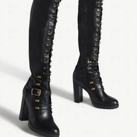 An Over-The-Knee Combat Boot Featuring A High Block Heel, Decorative Buckle Strap, Adjustable Laces, And Zipper Closure. Material: Faux-Leather Features: Sd Dream Sole Double The Padding For Comfort, Support, And Ease Of Movement Calf Circumference: Based On Size 8 With 14" Shaft Point; Reg: 16.3''-16.5'' Outside Heel Height: 4" Closure: Functional Inside Zipper; Adjustable Laces Shaft Height: 26.5" Ew( Extra Width) Color: Black *** All Shoes Are Mailed Without Original Box****** If You Need A B 80s Combat Boots, Nlack Boots, Fantasy Shoes Boots, Combat Boots Outfit For Women, Combat Heels, Lace Up Boots Knee High, Pirate Shoes, Combat Boots Aesthetic, Black Boots Heels