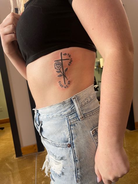 #tattoo #cross #deathdate #tattoofordad Rib Tattoo For Lost Loved One, Rose Tattoo For Passed Loved Ones, Tattoo For A Lost Friend, Cross Rip Tattoo, Tattoos For Women Lost Loved One, Rose Tribute Tattoos, Tattoo Losing A Loved One, Tattoo To Represent Parents, Rose Tattoo For Lost Loved One