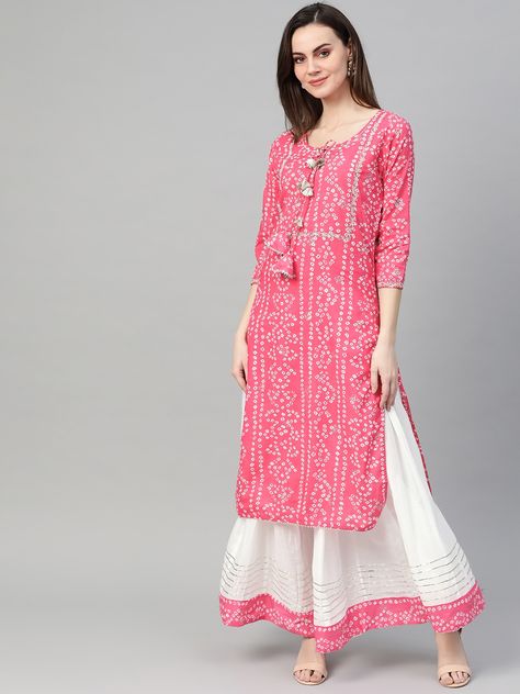 Buy Ishin Women Pink & White Bandhani Print Kurta With Skirt - - Apparel for Women from Ishin at Rs. 1799 Kurta With Skirt, Kurta Skirt, Indian Dresses For Women, Design Kurta, Indian Tops, Bandhani Print, Solid Skirt, A Line Kurta, Designer Kurtis