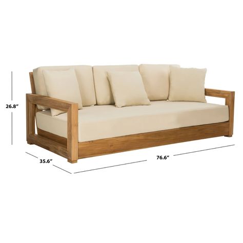 Joss & Main Melrose 76.55'' Wide Outdoor Teak Patio Sofa with Cushions & Reviews | Wayfair.ca Teak Patio Furniture, Sofa With Cushions, Patio Daybed, White Upholstery, Teak Chairs, Style Lounge, Frame Arms, Wooden Sofa, Pool Furniture