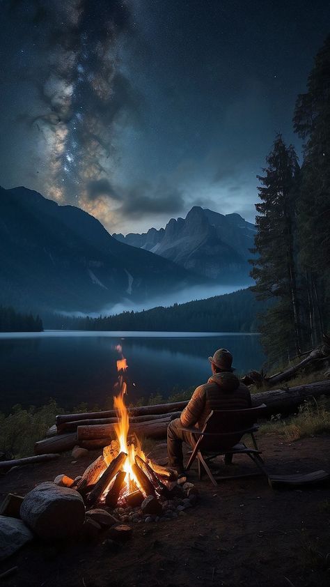 Sitting By Campfire, Campfires Photography, Snowboarding Tattoo, Campfire Drawing, Gloomy Forest, Full Moon Pictures, Wallpaper Man, Camp Fires, Hiking Forest