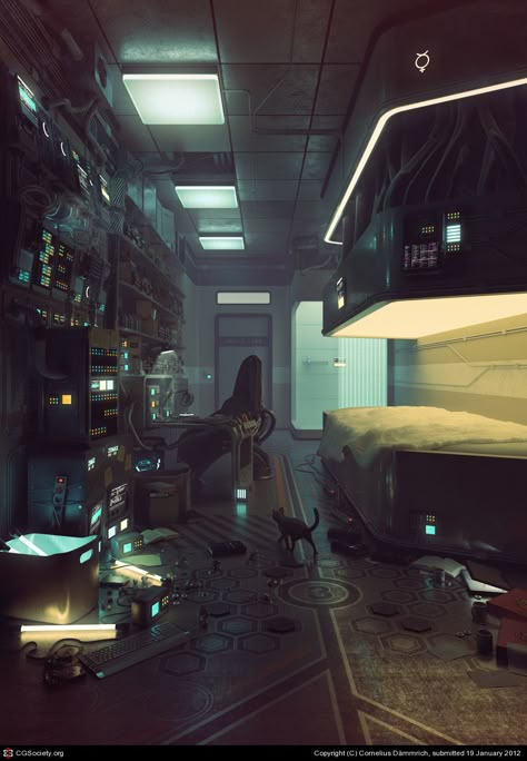 A Jade sort of space. Lots of stuff to tinker with and not much else. She isn't big on extraneous stuff. Cyberpunk Interior, 240z Datsun, Spaceship Interior, Art Cyberpunk, Bg Design, Sci Fi Environment, New Retro Wave, Cyberpunk City, Cyberpunk Aesthetic